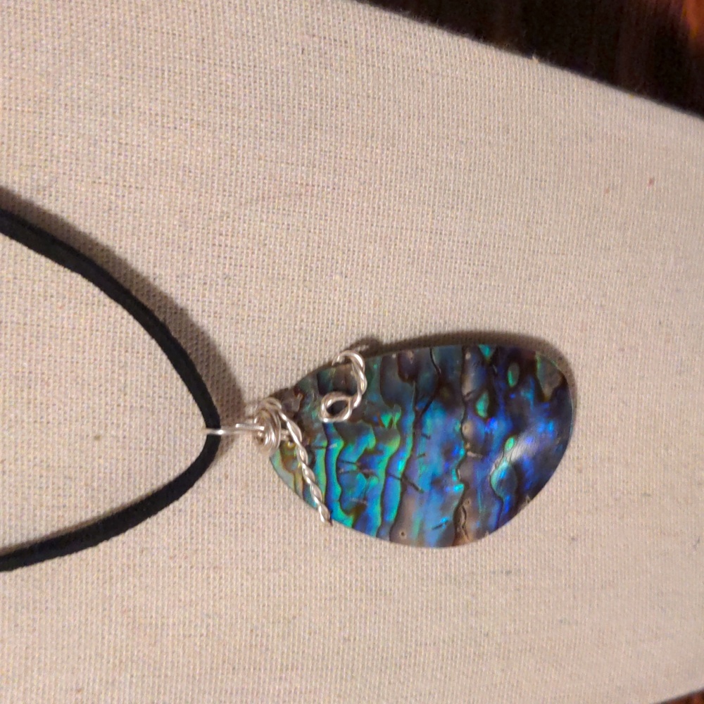 Handmade Teardrop Silver Wire Wrapped Abalone Pendant Black Suede Cord - Picture 2 of 7